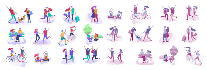 Happy Lover Relationship, scenes with romantic couple kissing, hugging, riding bicycle, walking, playing tennis, guitar, doing yoga, dansing. Characters Valentine day Set. Colorful vector