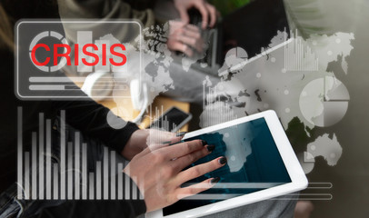 Interface modern technology and digital layer effect. Man counting, working in despair, went bankrupt. Business, finance crisis, economics recession, unemployment concept. Analyzing, neon icons.