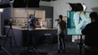 © supamotion - WIDE Behind the scenes of studio set, shooting TV television cooking show featuring celebrity chef, professional TV production