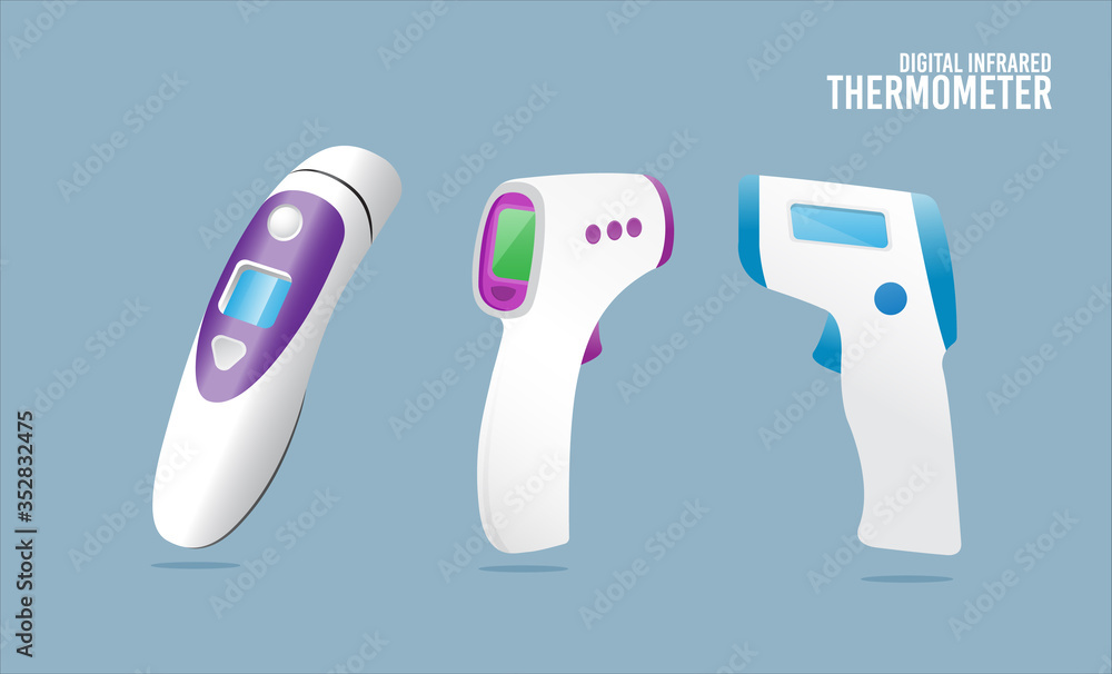 digital infrared thermometer set, Infrared non-contact temperature thermometer gun for forehead with temperature range standards, Flat Design Style, Vector Illustration - obrazy, fototapety, plakaty 