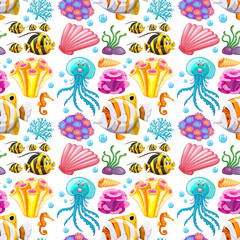 Canvas Print - Seamless background design with sea creatures and corals