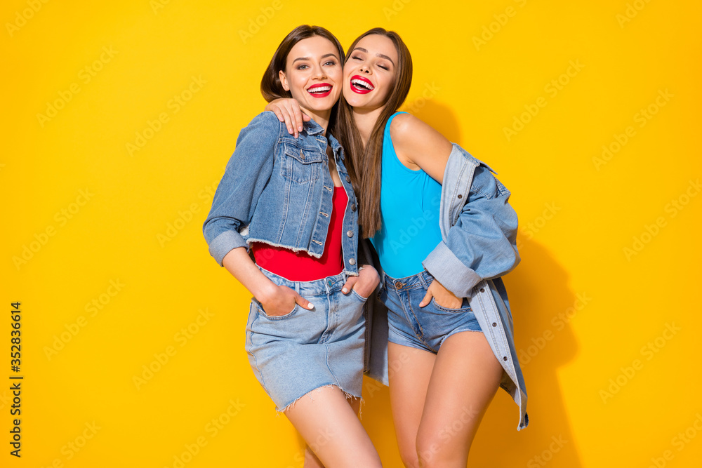 Portrait of excited funky lovely girls fellows enjoy summer time weekend free time feel rejoice wear good look clothes isolated over bright color background - obrazy, fototapety, plakaty 