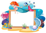 Fototapeta Dinusie - Mermaid and sea animal theme with blank banner cartoon style on white background.
