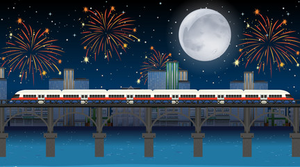 Wall Mural - Train cross the river with celebration fireworks scene