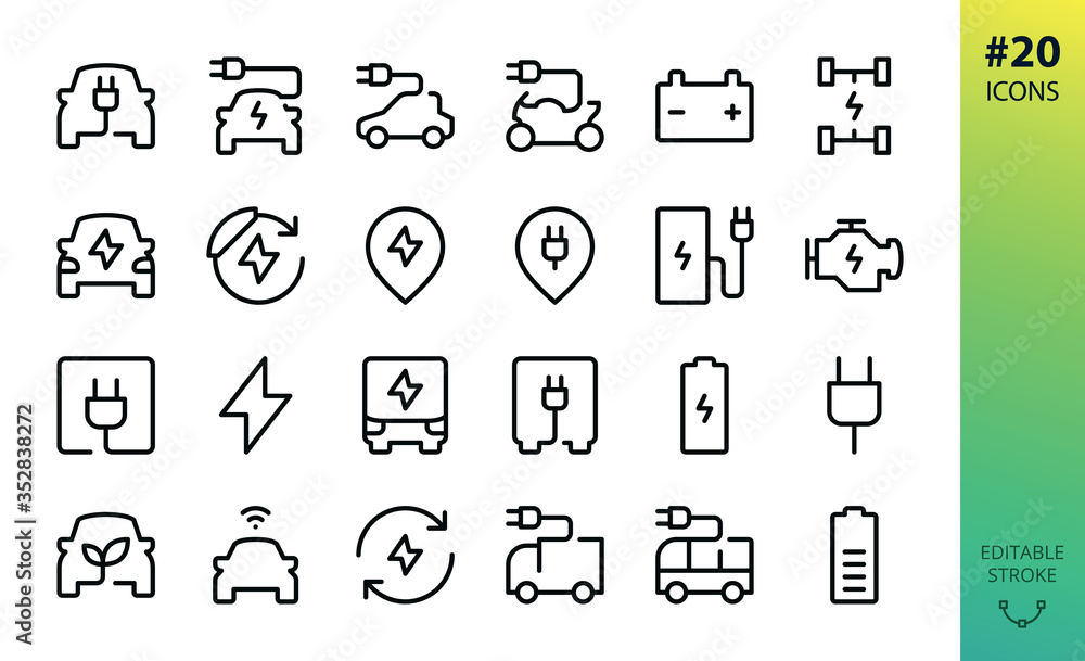 Electric car outline vector icon. Set of e car, electric bus, truck, vehicle, auto, charge station parking, engine, plug, battery, eco transport, autopilot, smart car isolated editable stroke icon - obrazy, fototapety, plakaty 