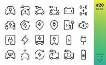 Electric Car Outline Vector Icon. Set Of E Car, Electric Bus, Truck, Vehicle, Auto, Charge Station Parking, Engine, Plug, Battery, Eco Transport, Autopilot, Smart Car Isolated Editable Stroke Icon