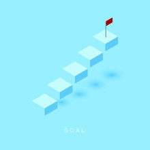 Growth Or Increase Design Concept. Cube Block Staircase Moving Step Growing Up To Target. Success Achievement Or Goal Business Motivation. Infographic Elements 3d Isometric Vector Illustration