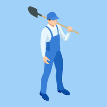 Isometric Farmer In Working Clothes With A Shovel In Hand. Construction Worker With A Shovel. Worker Digging With A Shovel Isolated