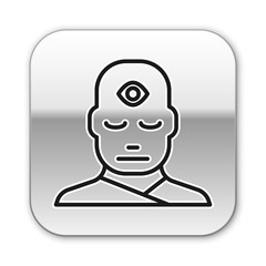 Poster - Black line Man with third eye icon isolated on white background. The concept of meditation, vision of energy, aura. Silver square button. Vector Illustration