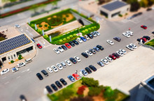Crowded Parking Lot Overhead View With Tilt Shift Effect