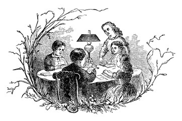 Sticker - Children at Table, vintage illustration.