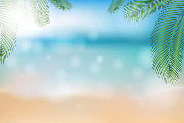 Graphics and illustrations. Summer background with beach, sea, tropical leaves.