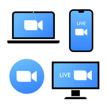 Blue Camera Icon - Live Media Streaming Application On Different Devices - Laptop, Smartphone, Tv, Tablet, Monitor, Conference Video Calls With Several People At The Same Time Vector Icon Logo