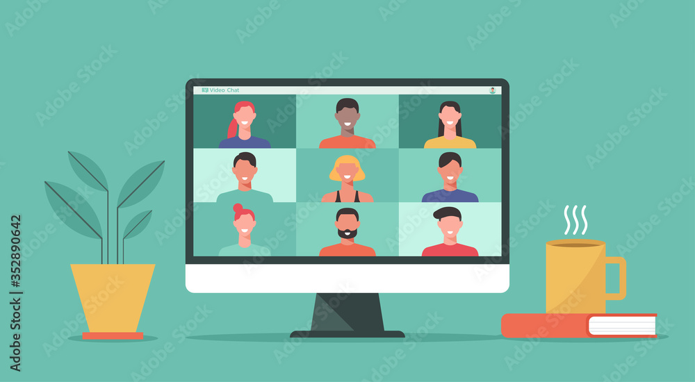 people connect together, learning or meeting online with teleconference, video conference remote working on computer laptop, work from home and anywhere, new normal concept, vector flat illustration - obrazy, fototapety, plakaty 