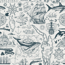 Vector Abstract Seamless Pattern On The Theme Of Travel, Adventure And Discovery. Vintage Repeating Background With Hand-drawn Sketches Of Sailboats, Old Maps, Wind Rose, Anchors, Fishes, Cannons