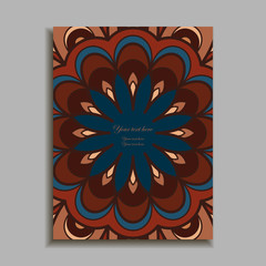 Wall Mural - Blue and brown color Invitation Card with  mandala ornament. Card template for Wedding invitation or Birthday greeting card. Vector illustration