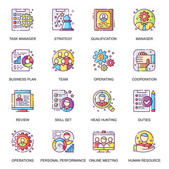 Aufkleber - People management flat icons set. Skills and qualification, online meeting, team cooperation, personal performance line pictogram for mobile app. Task management and strategy planning vector icon pack