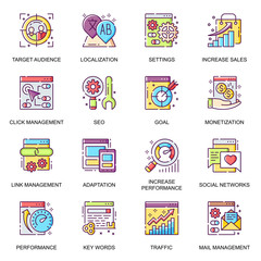 Aufkleber - SEO flat icons set. Link management and settings, adaptation and localization, traffic control and monetization, target audience line pictograms for mobile app. Website monetization vector icon pack.