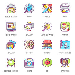 Aufkleber - Images gallery flat icons set. Auto enhance, creative application, art tools and filters, vector image, sync images, photo and painting line pictograms for mobile app. Cloud gallery vector icon pack.