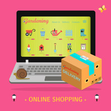 Laptop Screen With An Online Store Of Gardening And Garden Equipment. Flat Illustration Of The Site With Products And Their Delivery To The Buyer S Home. An App Or Website Selling Everything For Home