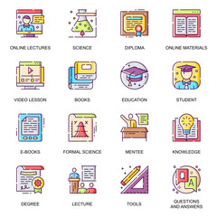 Poster - Modern education flat icons set. Formal science, online lectures and materials, question and answer, e-books and tools, video lesson line pictograms for mobile app. Distance education vector icon pack