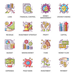 Aufkleber - Financial management flat icons set. Money flow, crowd funding, piggy bank, revenue and loan, capital growth, budget, making money line pictograms for mobile app. Investment strategy vector icon pack.