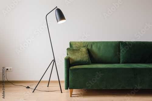 Fotomural green sofa with pillow near metal modern floor lamp