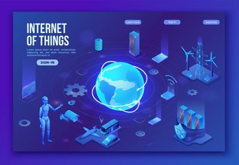 Wall Mural - Internet of things infographic illustration, neon blue isometric 3d concept with smart technology, globe glowing icon, computer network with night glowing background