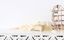 Image Of Pearls And Perfume Over White Vintage Wooden Table. For Mockup, Can Be Used For Photography Montage