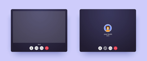 Video call screen with picture and with only audio. Web interface of conference chat application with mic and video icon and blank place for your picture. Call window mockup for online business.