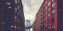 Manhattan Bridge Seen From Dumbo Brooklyn, Retro Toned Picture, New York City, USA.