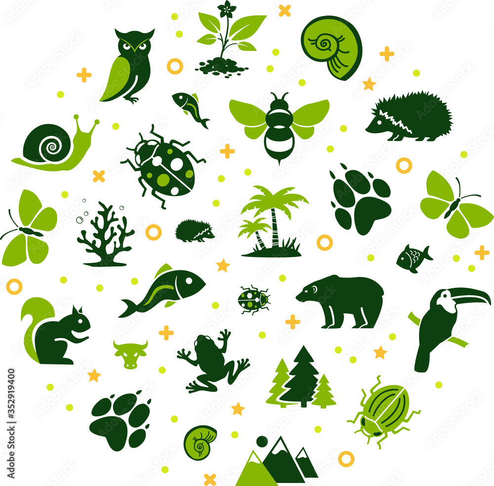 wildlife / biodiversity vector illustration. Concept with icons related to wildlife, animal protection, endangered species, zoology, fauna or ecology. - obrazy, fototapety, plakaty 
