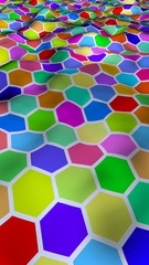 Honeycomb multi-colored. Perspective view on polygon look like honeycomb. Wavy surface. Isometric geometry. 3D illustration