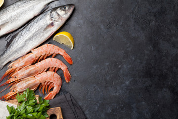 Wall Mural - Fresh seafood. Trout fish and langostino shrimps