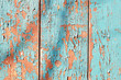 Aged vertical wood board background with cyan and orange peeling paint texture. Frontal close up detail with tree shadow on it