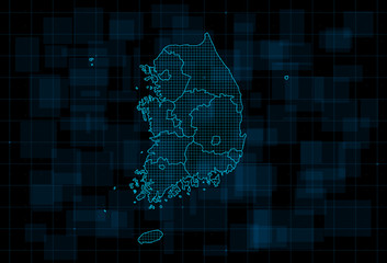 hud map of the south korea with provinces. cyberpunk futuristic digital dark blue background. editab