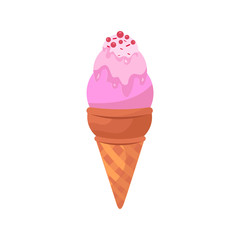 Wall Mural - Ice cream pink food isolated on white. Cartoon doodle waffle cone ice cream. Vector illustration cake