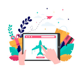 Customer buying plane tickets online. Traveling, screen, flight flat vector illustration. E-commerce and digital technology concept for banner, website design or landing web page
