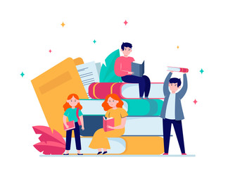 Wall Mural - Focused tiny people reading books. Studying, story, library flat vector illustration. Knowledge and education concept for banner, website design or landing web page