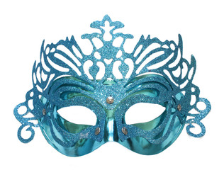 Blue carnival mask with glitter isolated on white background.