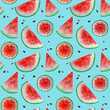© Svetlana - Watermelon slice fruit seamless patterns watercolor hand drawn illustration, fresh healthy food - natural organic food fabric texture on blue background. Scrapbook paper