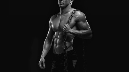 Poster - Muscular model sports young man on dark background. Black and white fashion portrait of strong brutal guy with chain. Sexy torso. Male flexing his muscles. Sport workout bodybuilding concept.