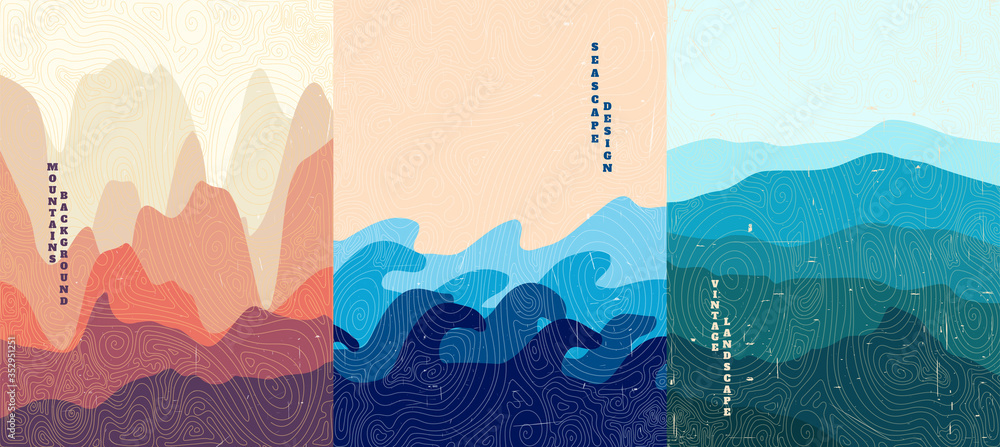 Vector illustration landscape. Wood surface texture. Hills, seascape, mountains. Japanese wave pattern. Mountain background. Asian style. Design for poster, book cover, web template, brochure. - obrazy, fototapety, plakaty 