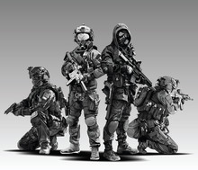Vector Policeman Tactical Shoot Illustration. Armed Police Military Preparing To Shoot With Automatic Rifle.