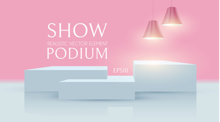 Wall Mural - 3d podium with shining lamps. realistic minimal empty scene. showcase and shelf. trendy empty stage.