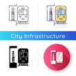 Subway icon. Railway station. Platform for passenger to wait for metro train. Public commuter. Urban infrastructure. Linear black and RGB color styles. Isolated vector illustrations