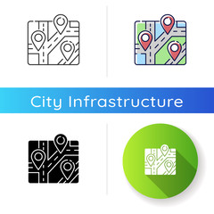 Poster - Landmark icon. Map with GPS pointers. Mark route to destination. Search for place positioning. Information for sightseeing. Linear black and RGB color styles. Isolated vector illustrations