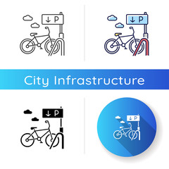 Poster - Bicycle parking rack icon. Ecological transportation. Corporate parking lot with road sign. Navigation pointer for bike. Linear black and RGB color styles. Isolated vector illustrations