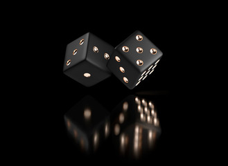 Wall Mural - Poker dice. View of golden white dice. Casino gold dice on black background. Online casino dice gambling concept isolated on black