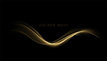 Abstract Shiny Color Gold Wave Design Element With Glitter Effect On Dark Background. Vector Illustration